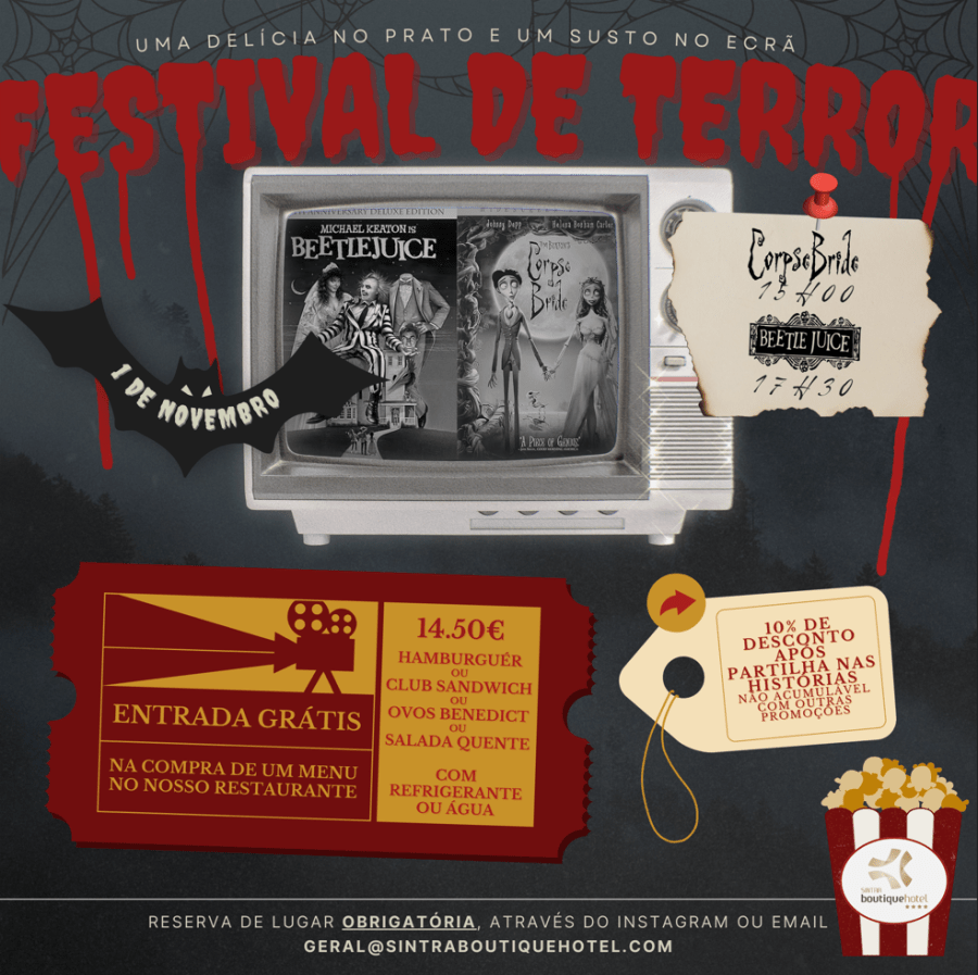 Sessões de cinema 'Corpse Bride' e 'Beetlejuice' (Festival de Terror) no Sintra Boutique Hotel