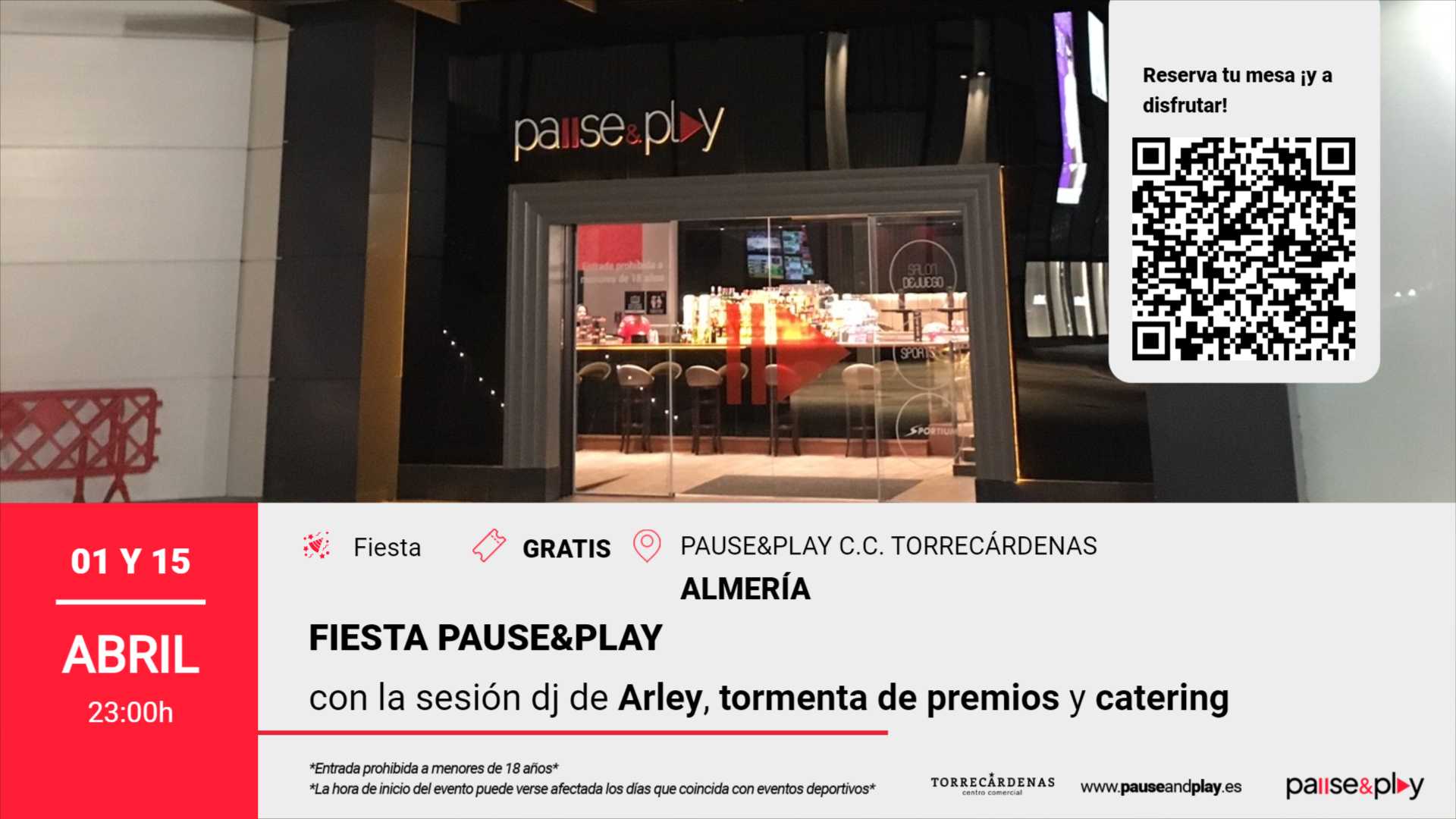 Fiesta Pause&Play con Dj Arley, tormenta de premios y catering Pause&Play C,C, Torrecárdenas (Almeri
