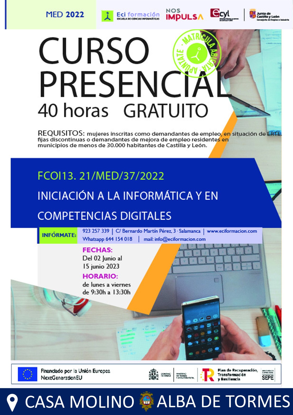Inscripción para el curso de iniciación a la informática y competencias digitales en la Casa Molino