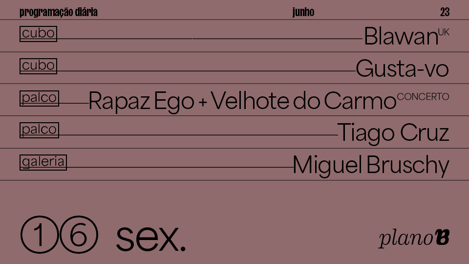 Blawan, Gusta-vo, Rapaz Ego + Velhote do Carmo, Tiago Cruz, Miguel Bruschy