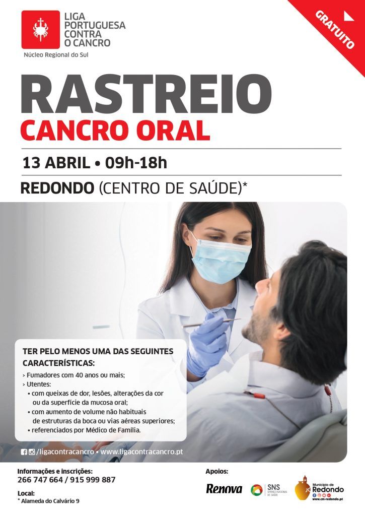 Rastreio – Cancro Oral | 13 de abril | 09h00-18h00 | Centro de Saúde de Redondo