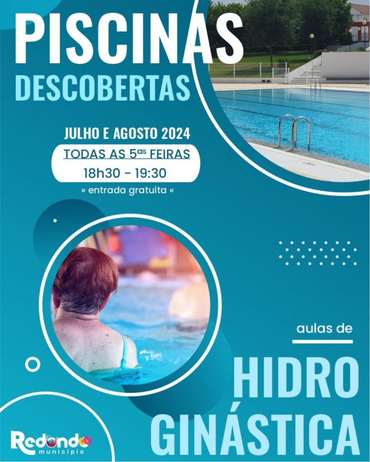 Aulas de Hidroginástica | julho e agosto (todas as quintas-feiras) | Piscinas Descobertas de Redondo