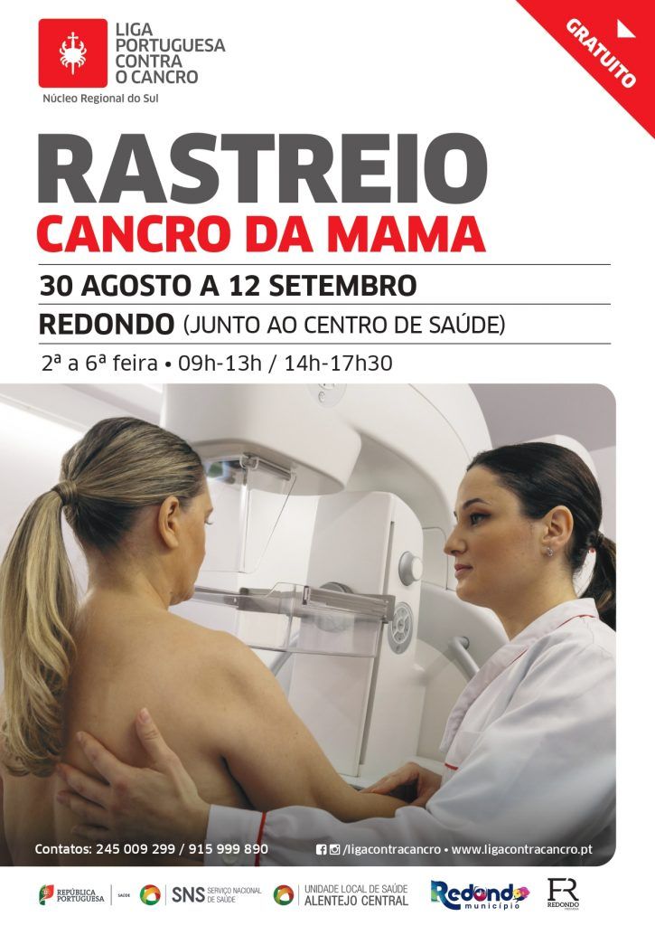 LPCC: Rastreio do Cancro da Mama | de 30 de agosto a 12 de setembro | Junto ao Centro de Saúde de Redondo