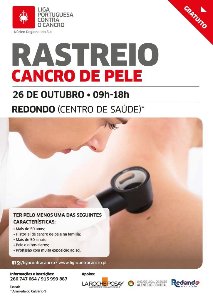 Rastreio do Cancro de Pele | Dia 26 de outubro | das 09h00 às 18h00 | Centro de Saúde de Redondo