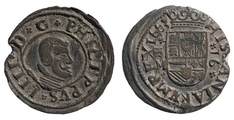 Moneda de 16 maravedís de Felipe IV acuñada en Valladolid en...