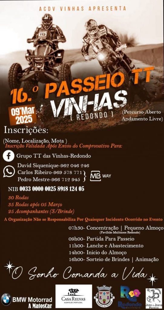 16º Passeio TT Vinhas | 09 de março | Concentração: 07h30 | Pavilhão Multiusos de Redondo