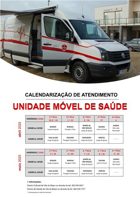 Unidade Móvel de Saúde - Calendarização de atendimento – abril e maio de 2025