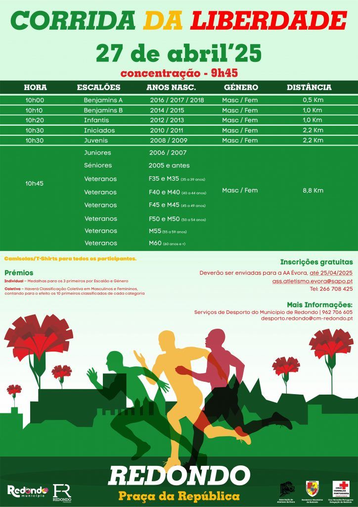 Corrida da Liberdade | 27 de abril | 09h45 | Praça da República | Redondo