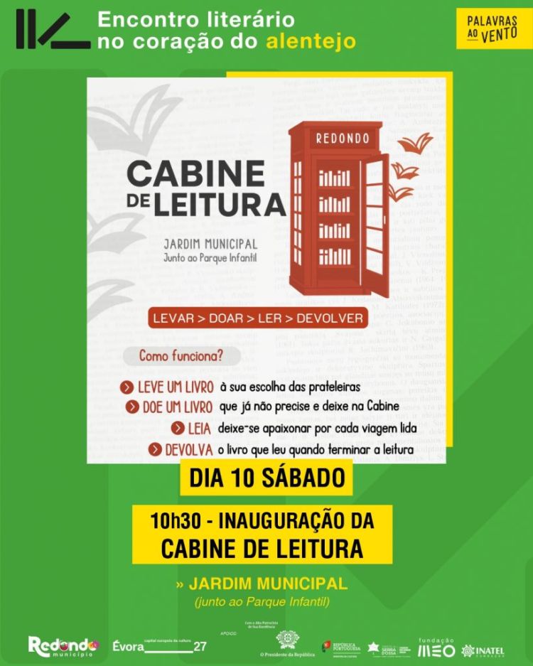 Palavras ao Vento: Inauguração da Cabine de Leitura | 10 de maio | 10h30 | Jardim Municipal de Redondo