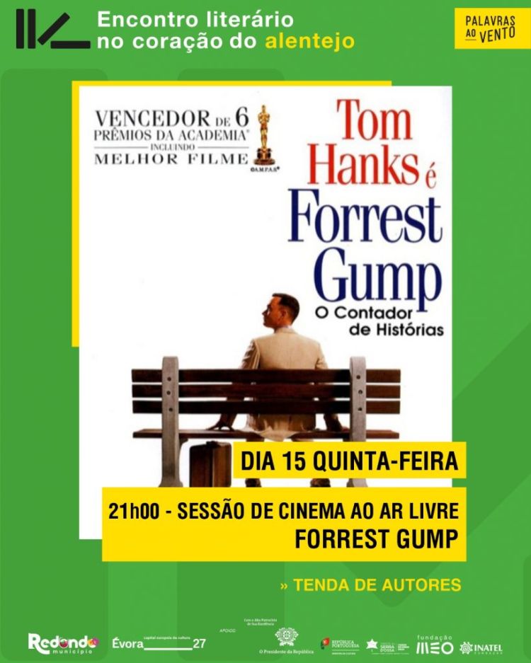 Palavras ao Vento: Cinema ao ar livre – Forrest Gump | dia 15 de maio | 21h00 | Jardim Municipal de Redondo