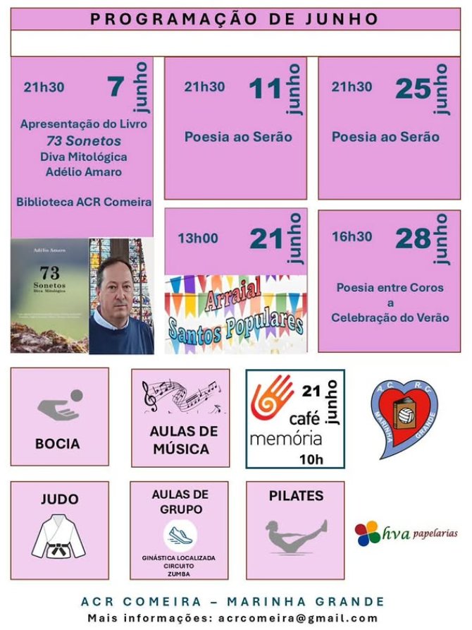 ACR COMEIRA DIVULGA PROGRAMAÇÃO CULTURAL E DESPORTIVA PARA O MÊS DE JUNHO