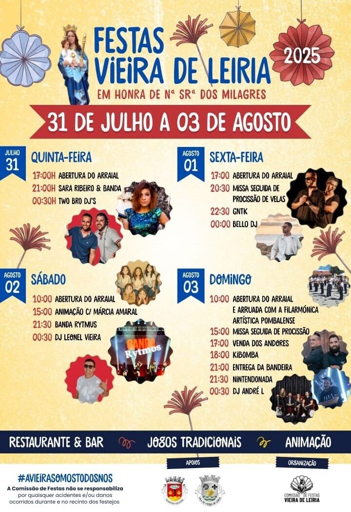 FESTAS VIEIRA DE LEIRIA 2025 CELEBRAM NOSSA SENHORA DOS MILAGRES DE 31 DE JULHO A 3 DE AGOSTO
