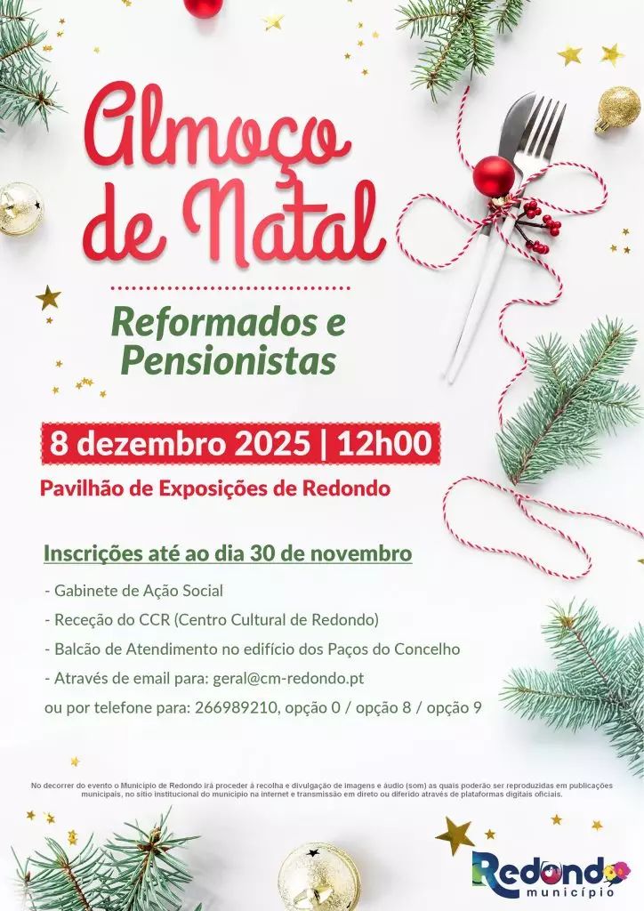 Almoço de Natal dos Reformados e Pensionistas | 08 de dezembro | 12h00 | Pavilhão de Exposições de Redondo