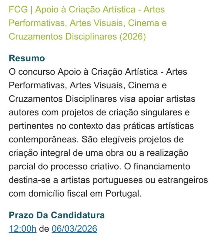 Concurso Apoio à Criação Artística 2026