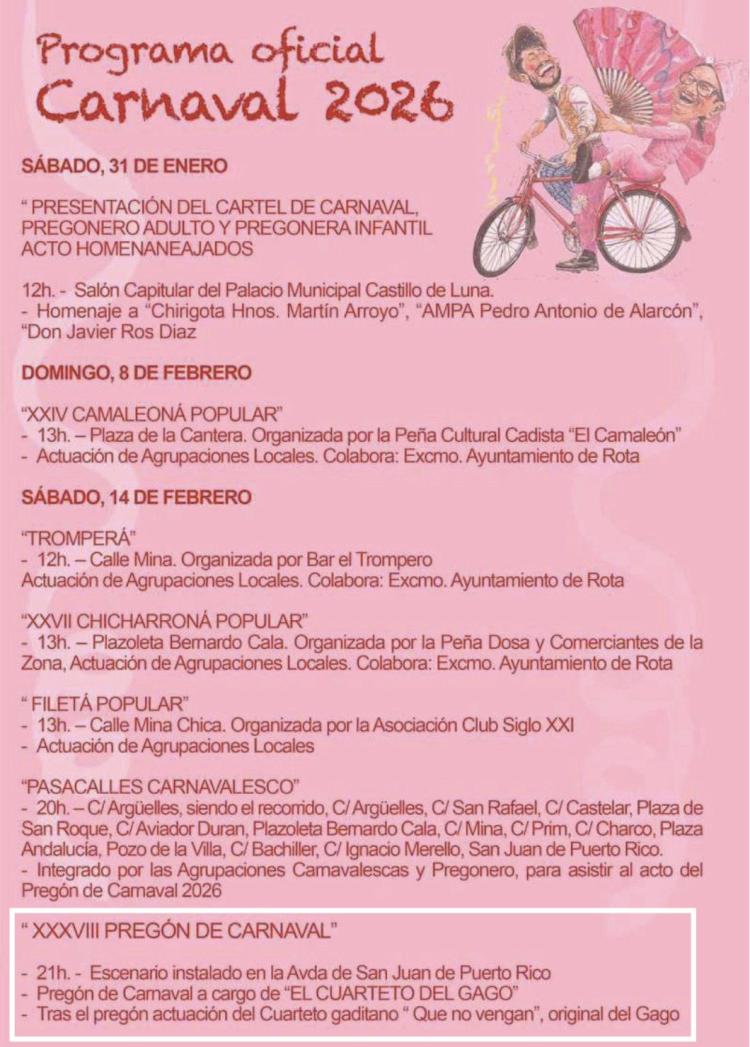 Pregón y actuación del cuarteto de Ángel Gago ¡Que no vengan! en Rota