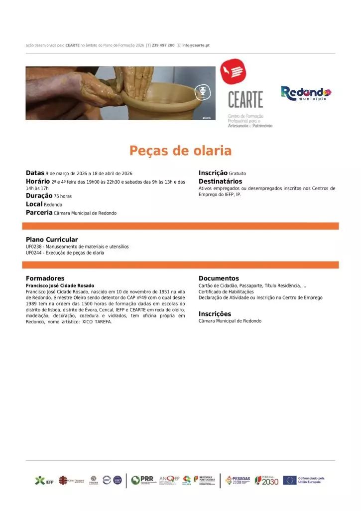 Formação “Peças de Olaria” | de 09 de março a 18 de abril | Redondo – CEARTE
