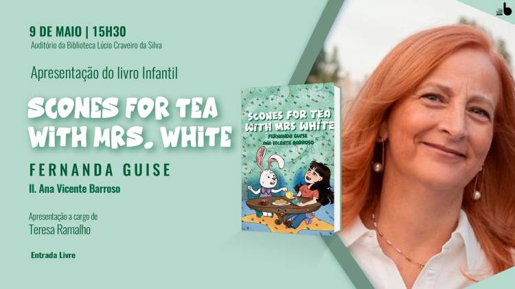 Apresentação do livro infantil Scones for tea with Mrs. White, de Fernanda Guise