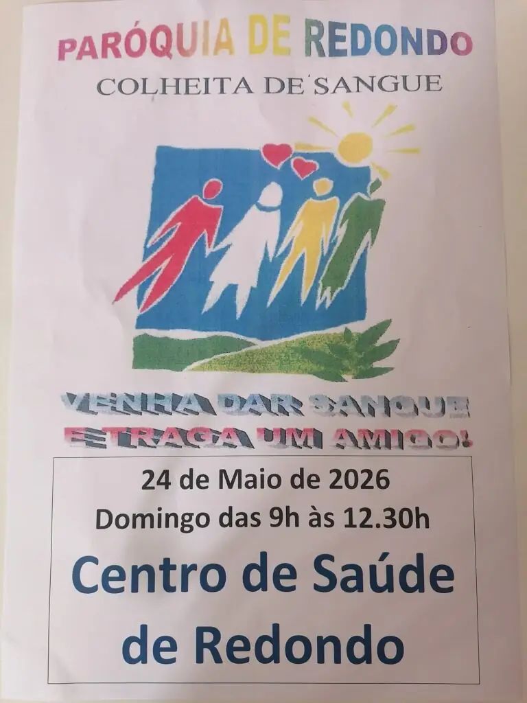 Colheita de sangue: 24 de maio | 09h00-12h30 | Centro de Saúde de Redondo
