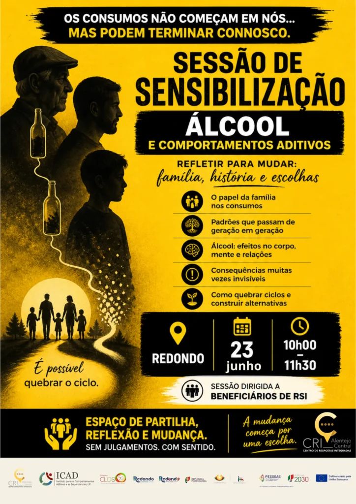 Sessão de sensibilização “Álcool e Comportamentos Aditivos” | 23 de junho | 10h00-11h30 | Redondo