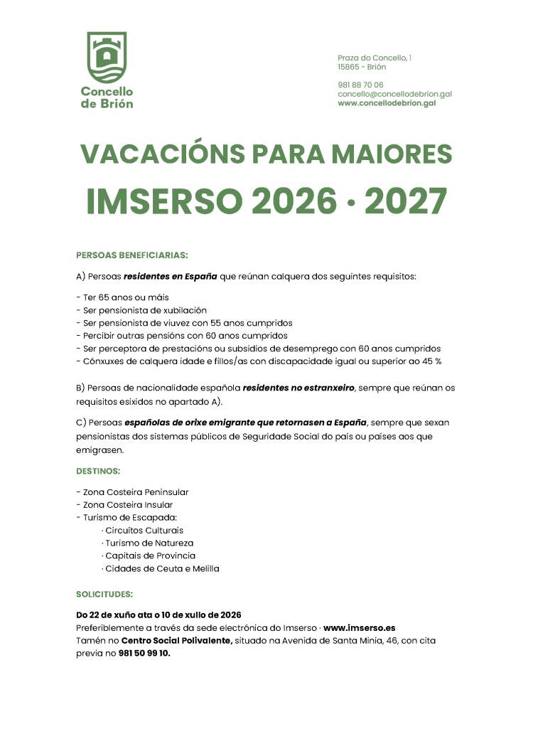 VACACIÓNS PARA MAIORES IMSERSO 2026 · 2027
