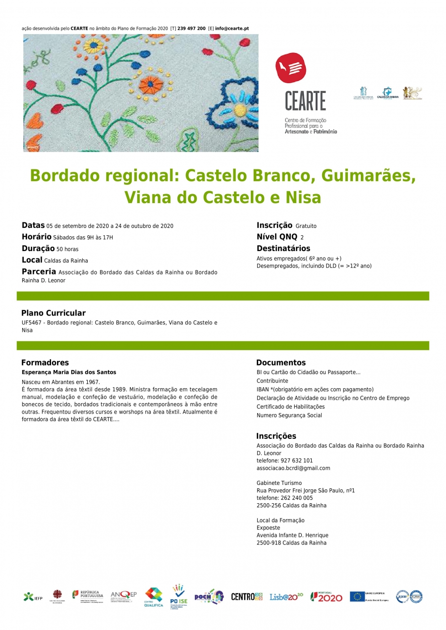 INSCRIÇÕES ABERTAS: Curso de Formação de Bordado Regional de Castelo Branco, Guimarães, Viana do Castelo e Nisa